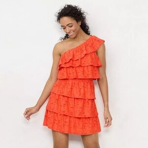 LC Lauren Conrad One-Shoulder Tiered Ruffle Dress in Coral Orange